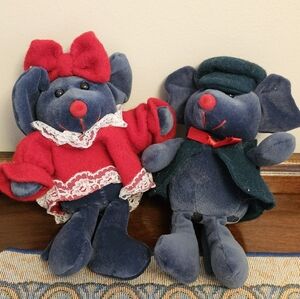 Vintage Set Of Two Plush Mouse Toys Christmas Holiday Decor